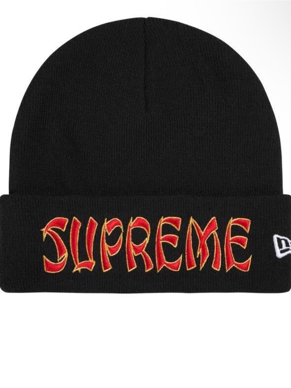 Supreme Black Beanie with Red and Gold Script Logo